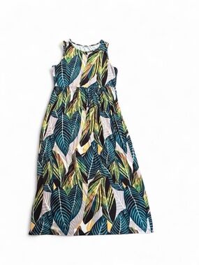 Pink Tropical Leaf Print Maxi Dress with Teal and Green